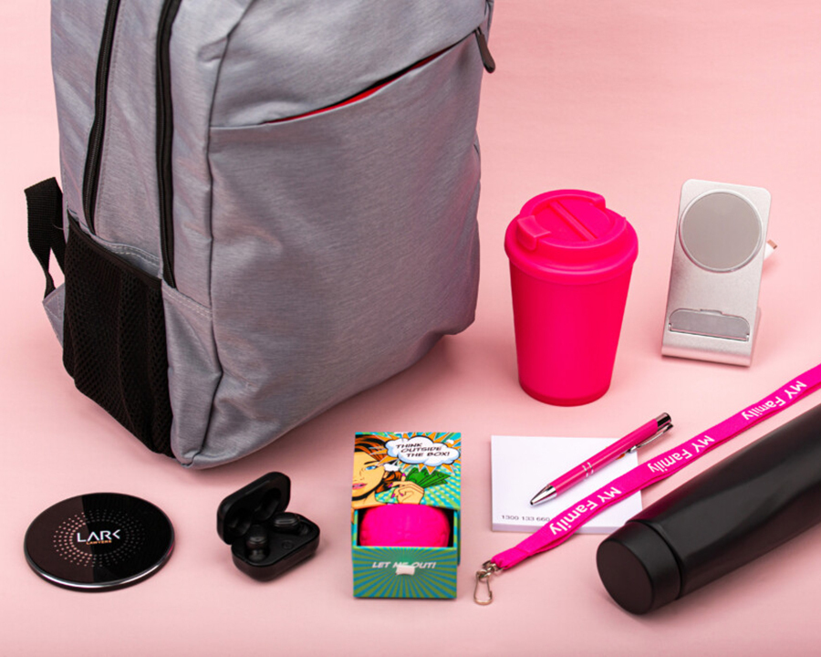 A collection of tech-related promotional items
