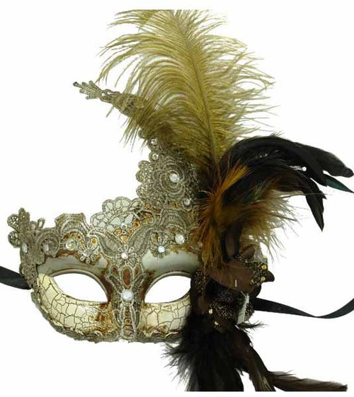 Silver Lace Mask with Feathers