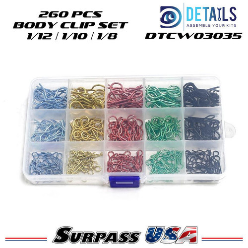 Hobby Details 260pcs Body Clip Set 1/12, 1/10, 1/8 Assorted Colors DTCW03035
