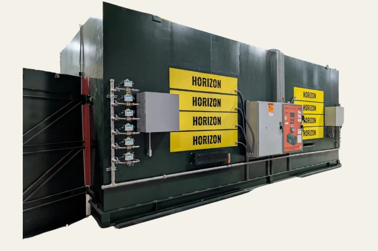 Side view of a Horizon batch oven with Cyclone Technology, showing control panel and burner manifold