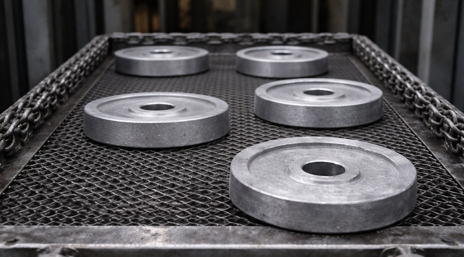 Industrial batch oven manufacturer Horizon's aluminized steel interior with parts on a tray being heat treated