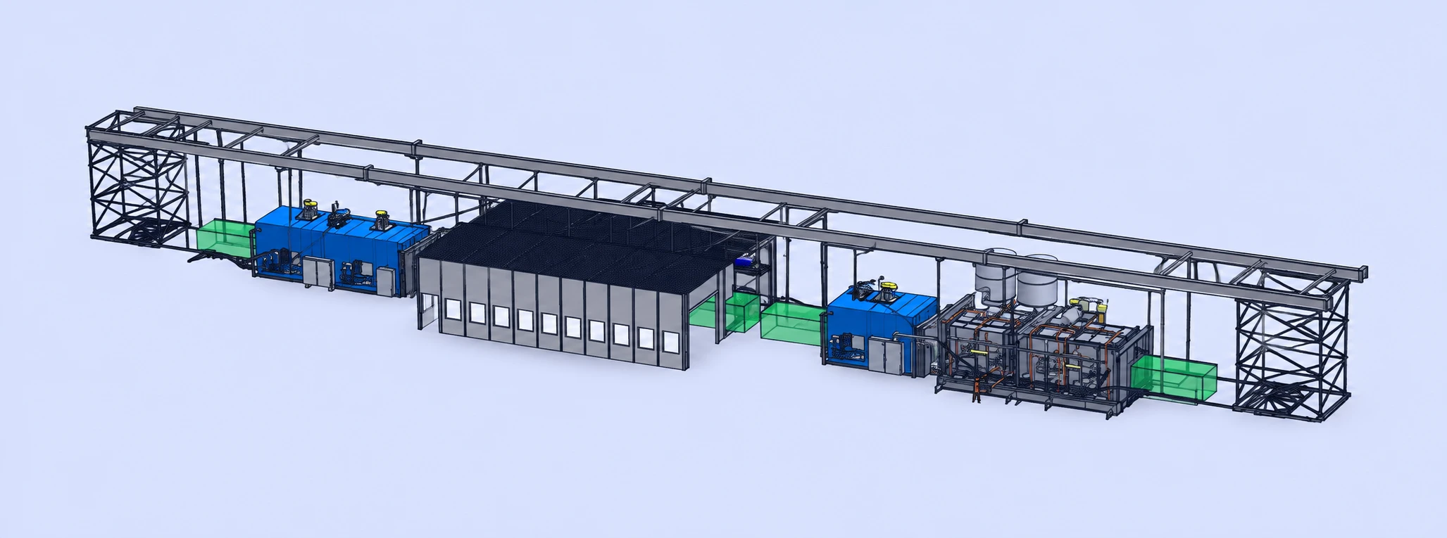 Horizon integrated industrial finishing system layout with pretreatment washers, dry-off ovens, coating application, curing ovens, and material handling