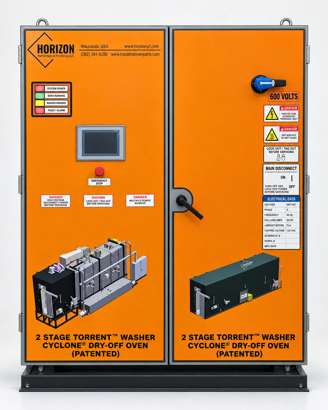 Horizon integrated industrial finishing system control panel with touchscreen HMI, PLC controls, and main electrical disconnect