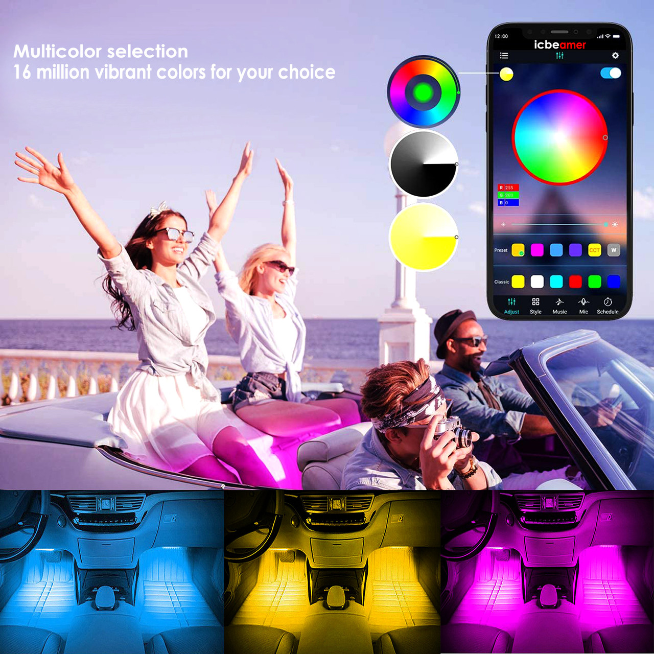JDM COB Waterproof Car Interior Smart Phone App Control Color Floor Light  Strip ICBEAMER