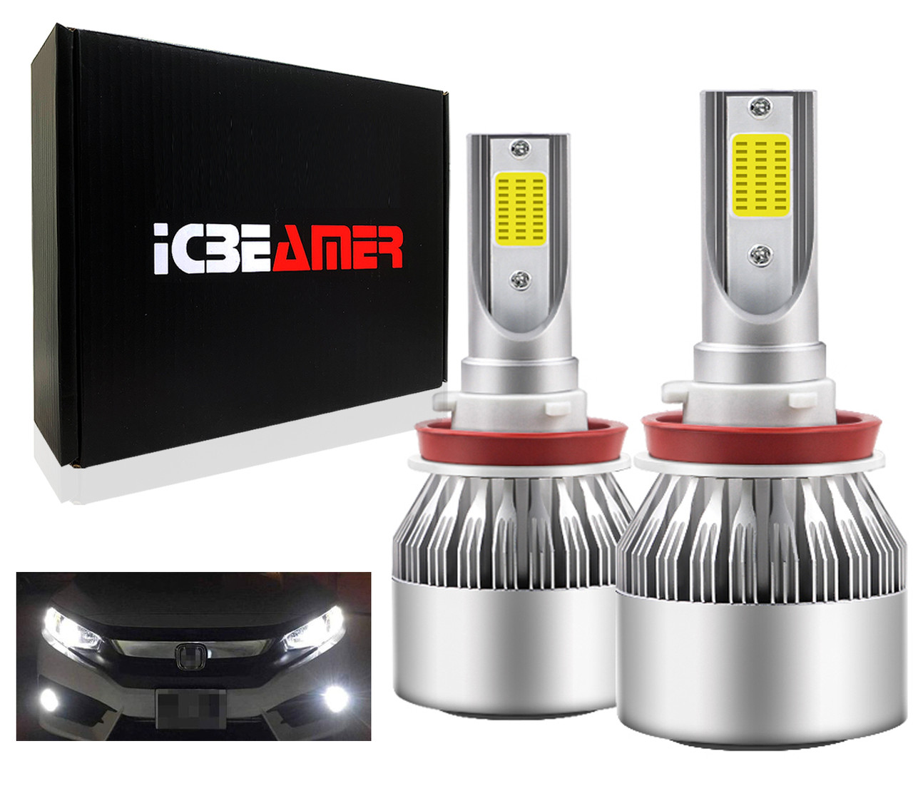 ICBEAMER H9 12V 36W LED COB Canbus White 6000K Can Fit High Beam Can  Replace OEM Halogen Light Bulbs Lamp Pack of 2pcs ICBEAMER
