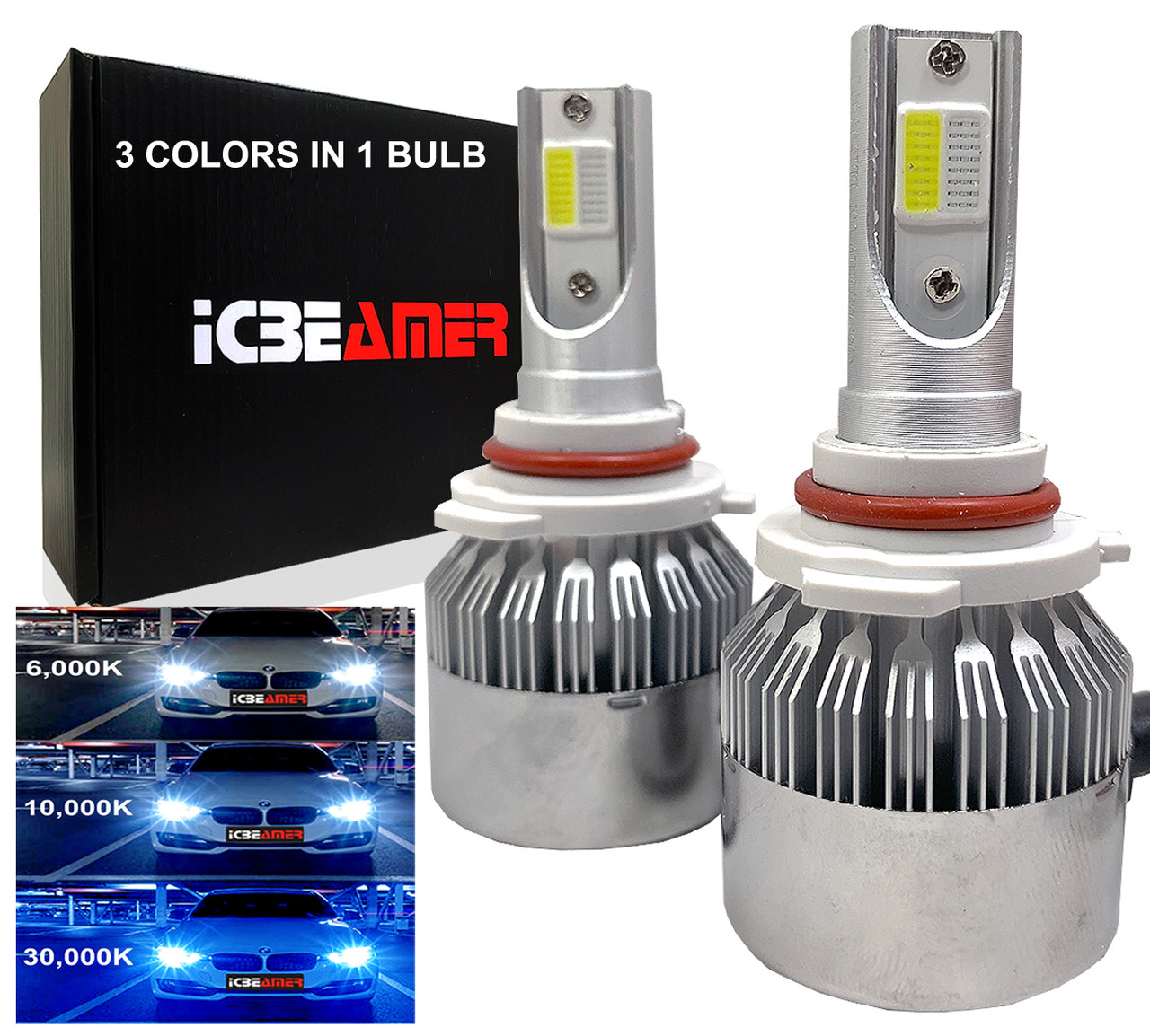 ICBEAMER 9005 HB3 Canbus COB LED Replace Halogen bulbs colors in Bulb  6000K White 10000K 30000K Dark Blue Headlight ICBEAMER