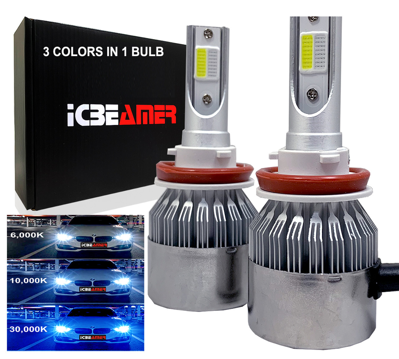 ICBEAMER H11 7200lm Canbus COB LED Replace OEM Halogen 3 colors in 1 Bulb  6000K White 10000K 30000K Dark Blue Headlight - ICBEAMER