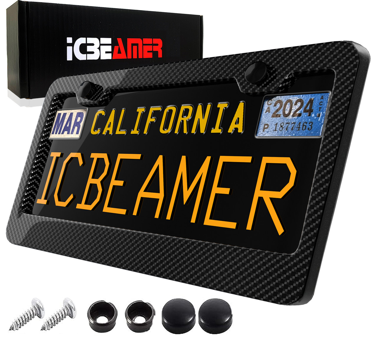 ICBEAMER Black Carbon Fiber License Plate Frame Tag Snap For All Vehicle  Truck SUV Mini Van Front Rear [Pack of pc] ICBEAMER