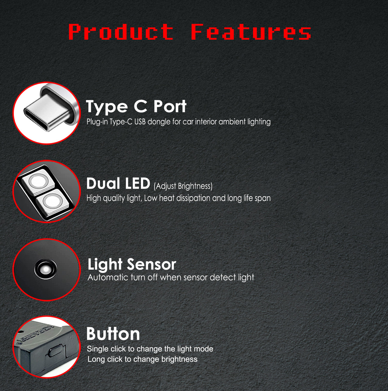 Mini-Size USB-C Type-C LED Car Interior Light Atmosphere Decor Lamp Bulb