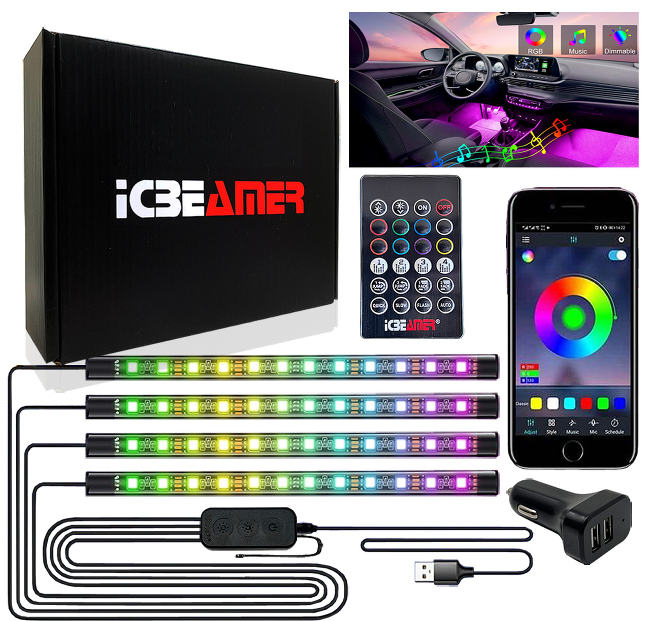 ICBEAMER Interior Lights for Car, Apps or Remote Control LED Multi color  strip lights RGB Sync