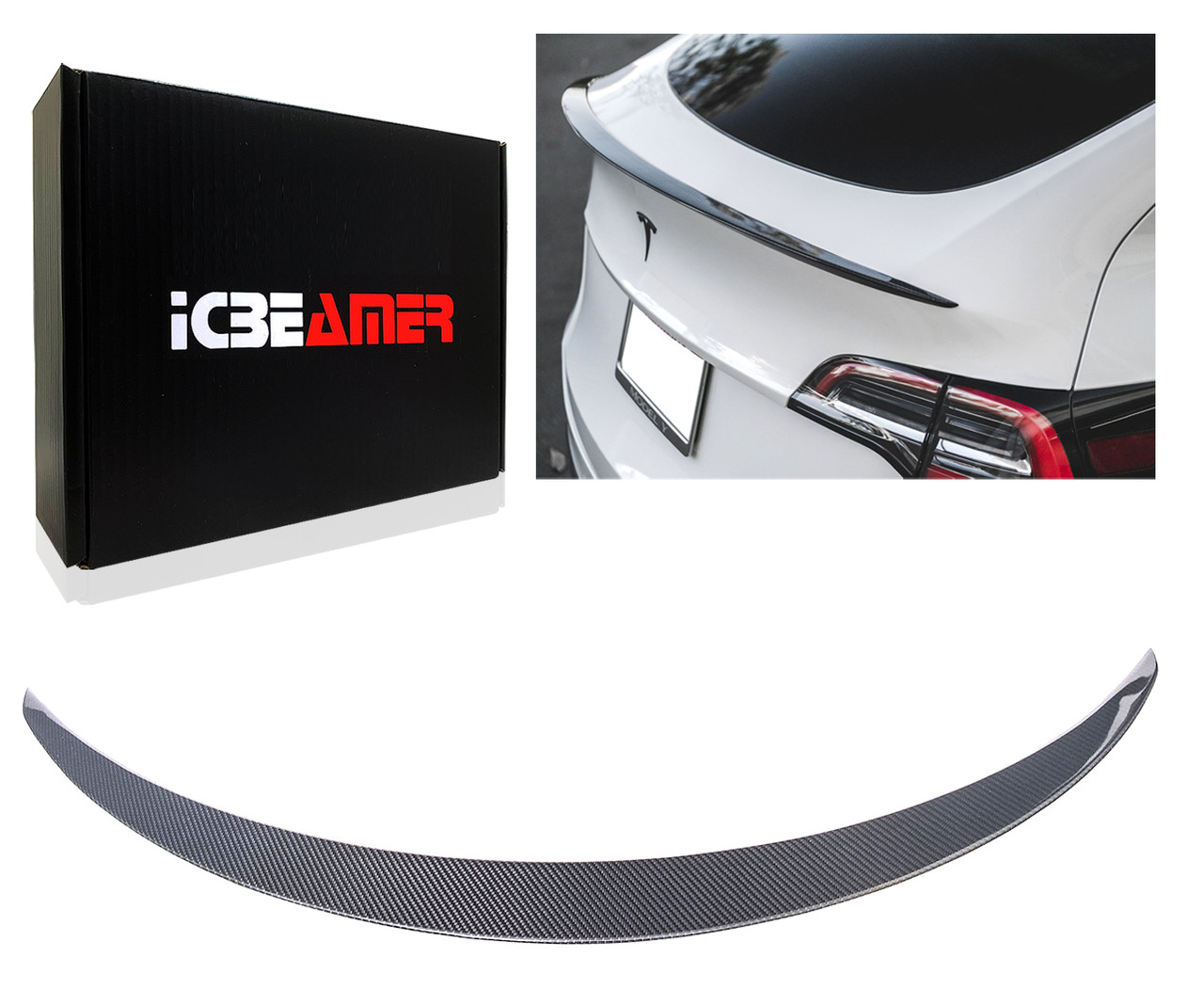 ICBEAMER Real Carbon Fiber Rear Spoiler for Tesla Model Y, Trunk Lip Tail  Lid Weatherproof Wing OEM Performance 2020-2022 (Gloss Finish)