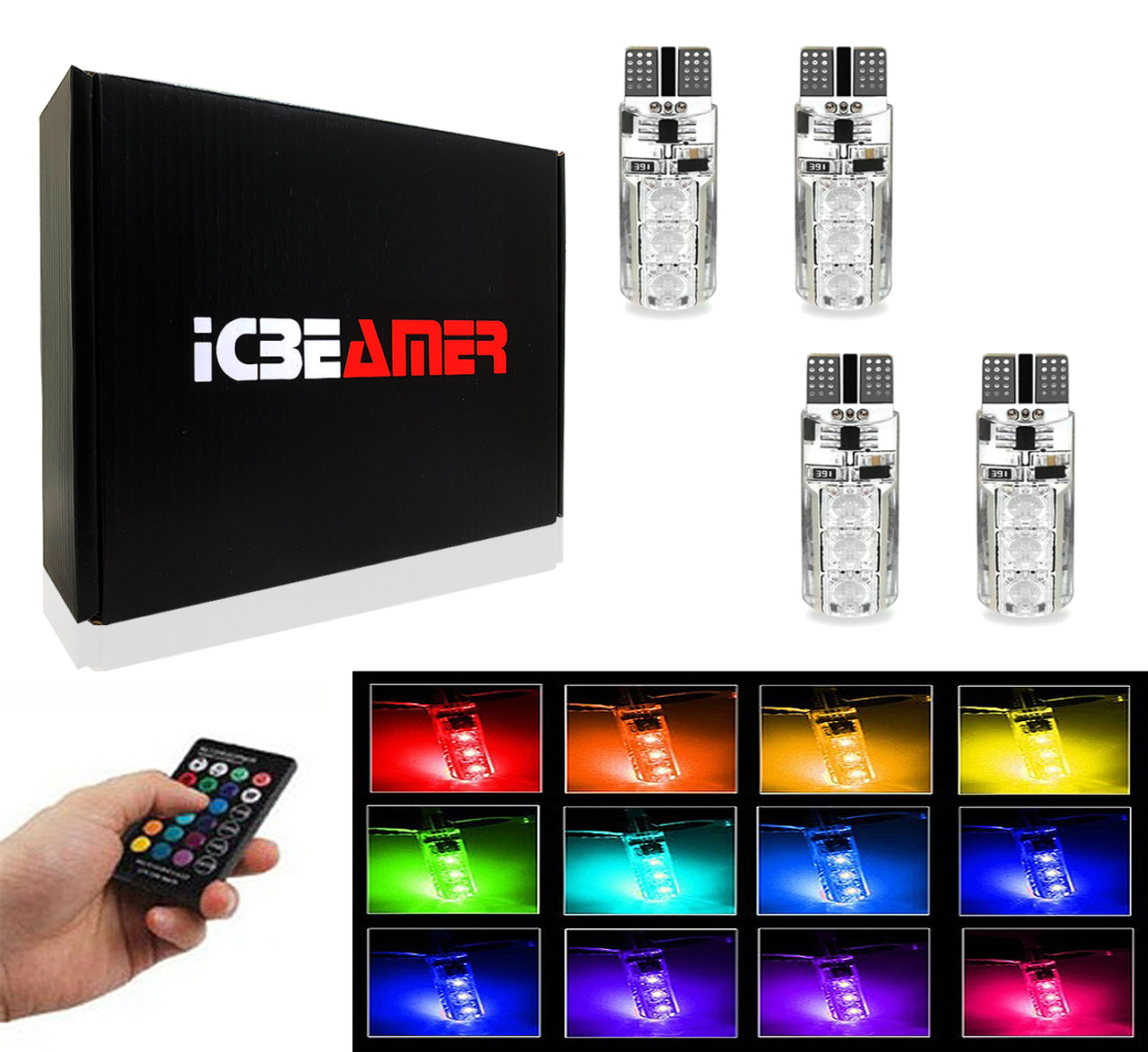 ICBEAMER pack T10 168 194 Car Interior RGB LED Tail light Bulb W5W Marker  Remote Control Dome Wedge License Plate Trunk Light Bulbs ICBEAMER