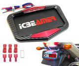 ICBEAMER Universal Fit most Motorcycle License Plate Frame w/ 6+ Flashing LED Tail + Brake Light [Carbon Fiber Pattern]