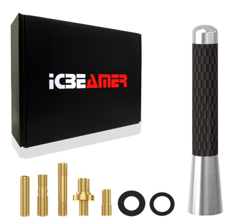 ICBEAMER 3" 76 mm Aluminum Silver w/ Carbon Fiber Universal AM/FM Radio Antenna Screw-in Stubby Aerial Replacement 1pc