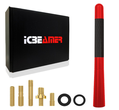 ICBEAMER 5" 127 mm Aluminum Red w/ Carbon Fiber Universal AM/FM Radio Antenna Screw-in Stubby Aerial Replacement