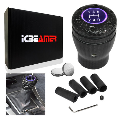 ICBEAMER 100% Real Carbon Fiber Shift Knob Purple LED Light Top Glow, Fit Buttonless Automatic & 4, 5, 6 Speed Manual Transmission Interior Car Gear Lever Stick Shift Racing Style [Battery Included]
