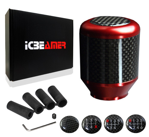 ICBEAMER Red Aluminum w/ Carbon Fiber 2.5" Shift Knob, Tall Fit Automatic and 4, 5 and 6 Speed Manual Transmission Vehicles, Interior Car Gear Lever Stick Shift Handle Automotive Replacement Parts
