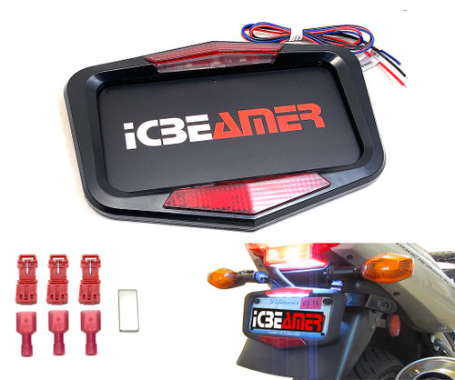 ICBEAMER Waterproof Universal Fit most Motorcycle License Plate Frame w/ 6+ Flashing LED Tail +Brake Light [Matte Black]