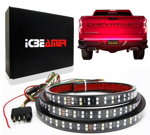 ICBEAMER Double Row 60 inch 504 pcs LED for Pick up/Truck Tailgate Light Bar Side Bed Light Strip Bar IP67 Waterproof Reverse- 5 Functions Tail/Brake/Sequential/Turn Signals/Reverse
