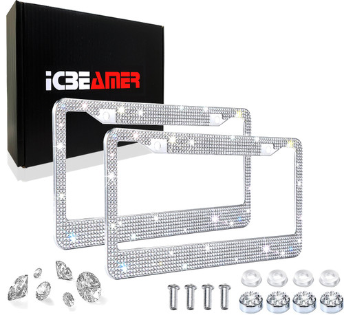 ICBEAMER Handcrafted Rhinestone White Crystal Diamond Premium Stainless Steel Weatherproof Bling Bling License Plate Frame great gift for Women [Pack of 2 pcs]