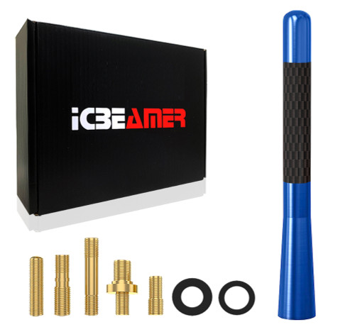 ICBEAMER 5" 127 mm Aluminum Blue with Real Carbon Fiber Universal AM/FM Radio Antenna Screw-in Stubby Aerial Replacement