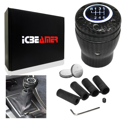 ICBEAMER 100% Real Carbon Fiber Shift Knob White LED Light Top Glow, Fit Buttonless Automatic & 4, 5, 6 Speed Manual Transmission Interior Car Gear Lever Stick Shift Racing Style [Battery Included]