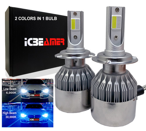 ICBEAMER H4 9003/HB2 Canbus COB LED Replace OEM Halogen 2 colors in 1 Bulb High Beam 30000K Blue Low Beam in 6000K White