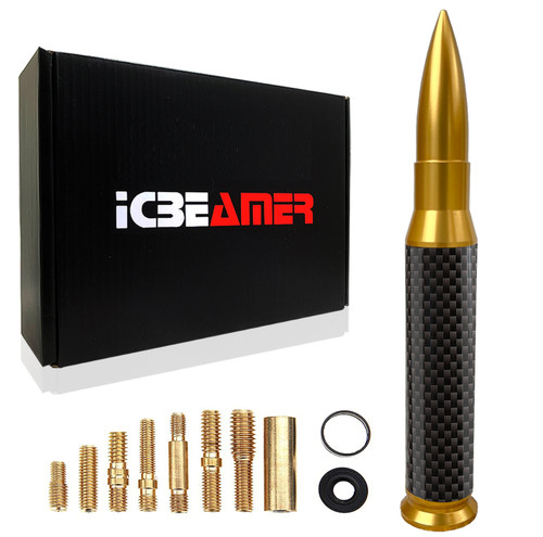 ICBEAMER 50 Cal Carbon Fiber Bullet Antenna Replacement [Color: Gold], Universal Fit Automotive Truck Van Cars Made with 6061 Solid Aluminum & Anti Theft Anti Chip Design Universal Fit good for AM/FM Radio