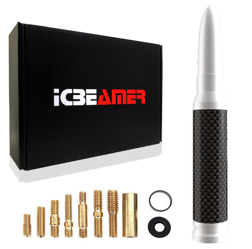 ICBEAMER 50 Cal Carbon Fiber Bullet Antenna Replacement [Color: White], Universal Fit Truck Van Cars Made with 6061 Solid Aluminum & Anti Theft Anti Chip Design Universal Fit good for AM/FM Radio