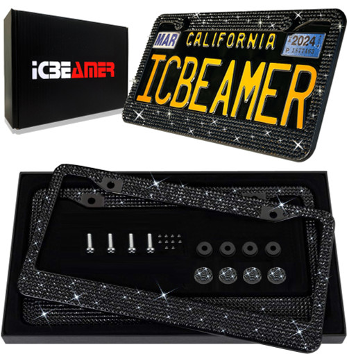 ICBEAMER Handcrafted Rhinestone Black Crystal Diamond Premium Stainless Steel Weatherproof Bling Bling License Plate Frame [Pack of 2 pcs]