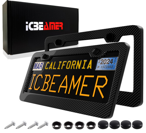 ICBEAMER Black Carbon Fiber Surface Custom License Plate Frame Tag Snap Fit Front Rear Auto Car Truck [Come With 2 pcs]