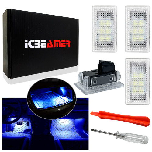 ICBEAMER Tesla Interior LED Lights Kit: Ultra-bright, easy plug-in, with a panel removal tool. Fits Model 3, S, Y, X. Trunk, Frunk, Door Puddle, Foot-Well, Tesla Accessories(4 Packs in Blue).