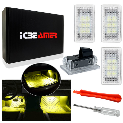 ICBEAMER Tesla Interior LED Lights Kit: Ultra-bright, easy plug-in, with a panel removal tool. Fits Model 3, S, Y, X. Trunk, Frunk, Door Puddle, Foot-Well, Tesla Accessories(4 Packs in Yellow).