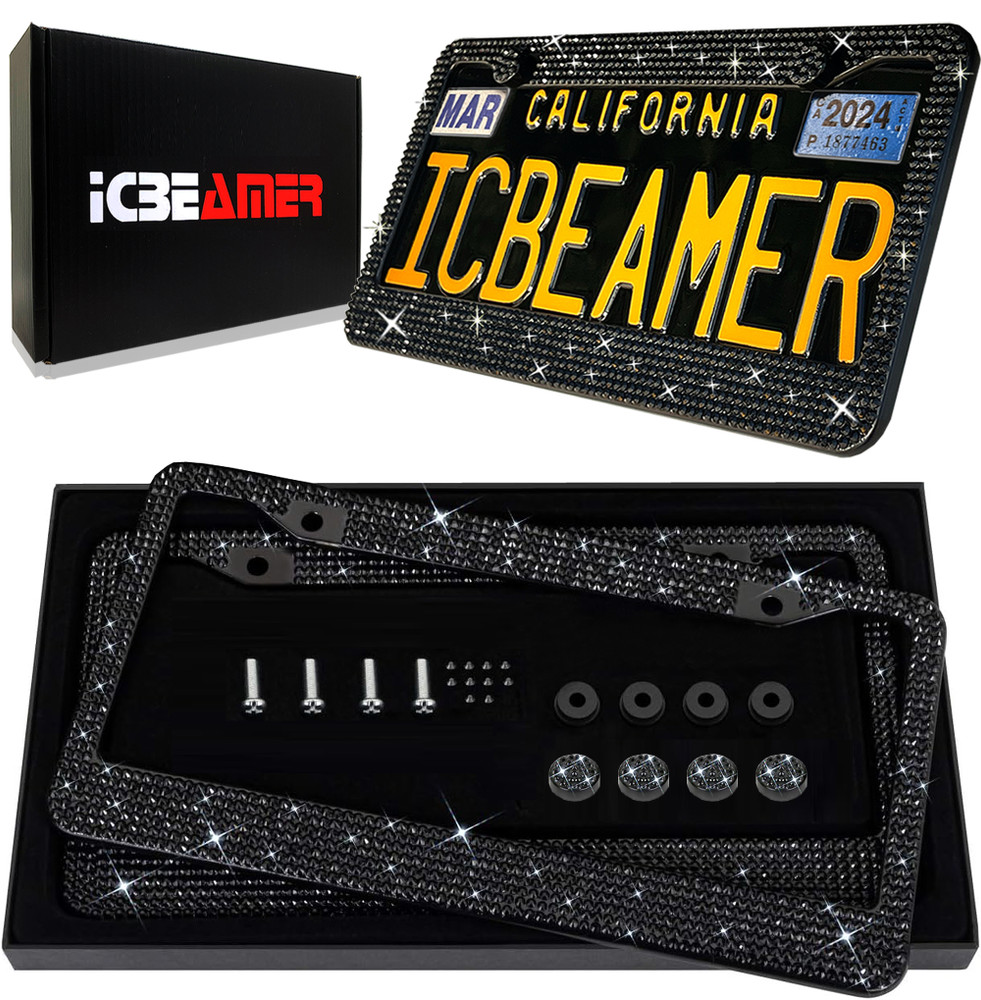 Bling License Plate Frames 2 Black Metal Diamond - Glitter Rhinestone Crystal Design Black Rhinestone License Plate Frame - Foto 7