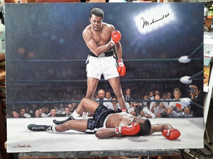 "G.O.A.T" Muhammad Ali Over Sonny Liston Original Art By World Renowned Artist Doo S. Oh. This 20" x 24" original painting is Hand Signed By MUHAMMAD ALI.