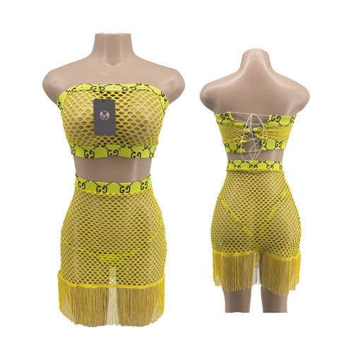 Yellow " Slut For You" 3 piece Fishnet Thong ,Dress with Top