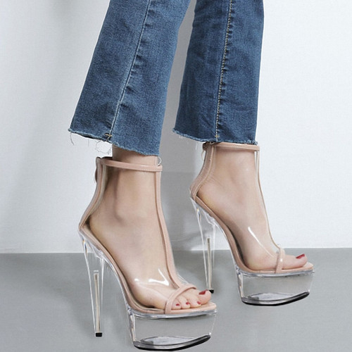 6 inch Transparent Stripper Shoes Pole Dance Clear Open Toe Platform Zipper Ankle Boots Q-094