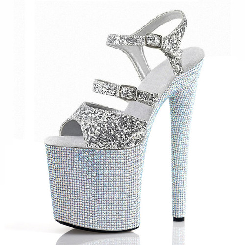 8 inch Women Sparkling Glitter Rhinestones Sandals Stripper Silver Platform Sexy Super High heels Crystal Pole Dance Shoes E-292