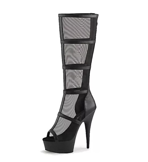 6 Inch (15 Cm) Fish Mouth Hollow Mesh High- Heeled Boots