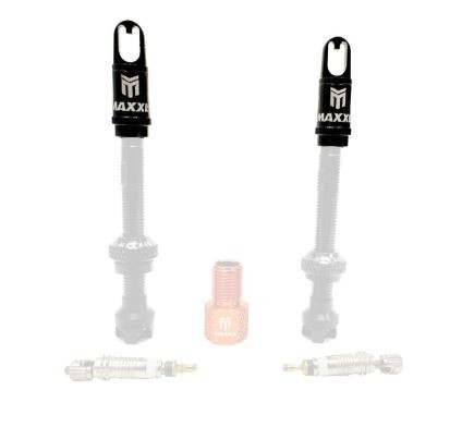 Valves Presta Maxxis MaxxOut Pour Pneus Sans Chambre à Air - Lot Avec 2 Valves 50mm, Bouchons Et Adaptateur