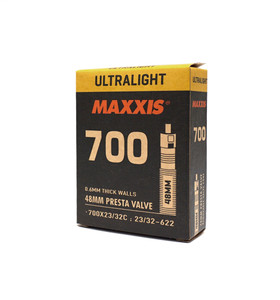 Maxxis Ultralight 700 x 23/32 FV 0.6mm Wall 48mm Presta Removable Valve Core Tube Maxxis Ultralight 700 x 23/32 FV 0.6mm Wall 48mm Presta Removable Valve Core Tube