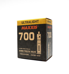 Maxxis Ultralight 700 x 33/50 FV 0.6mm Wall 60mm Presta Removable Valve Core Tube Maxxis Ultralight 700 x 33/50 FV 0.6mm Wall 60mm Presta Removable Valve Core Tube