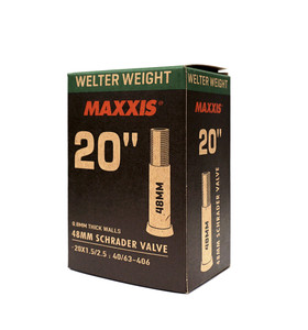 Maxxis Welterweight 20 x 1.5/2.5 SV 0.8mm Thick 48mm Schrader Removable Valve Core Tube Maxxis Welterweight 20 x 1.5/2.5 SV 0.8mm Thick 48mm Schrader Removable Valve Core Tube