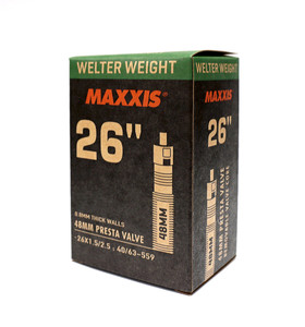 Maxxis Welterweight 26 x 1.50/2.50 FV 0.8mm Thick 48mm Presta Removable Valve Core Tube Maxxis Welterweight 26 x 1.50/2.50 FV 0.8mm Thick 48mm Presta Removable Valve Core Tube