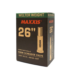 Maxxis Welterweight 26 x 1.50/2.50 SV 0.8mm Thick 48mm Schrader Valve Tube Maxxis Welterweight 26 x 1.50/2.50 SV 0.8mm Thick 48mm Schrader Valve Tube
