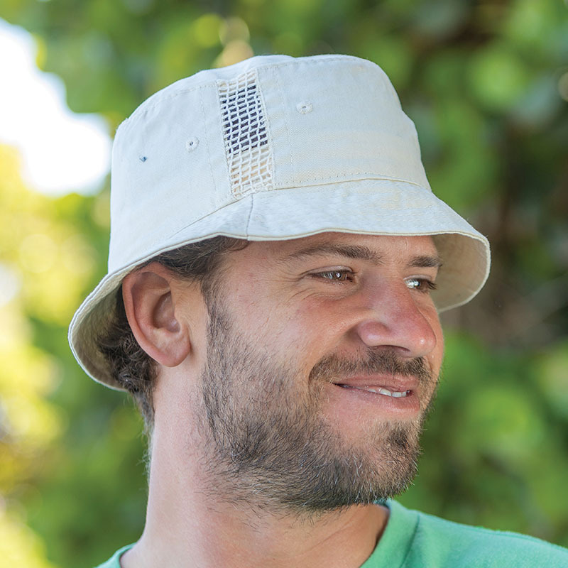 Deluxe washed cotton bucket hat with side mesh panels