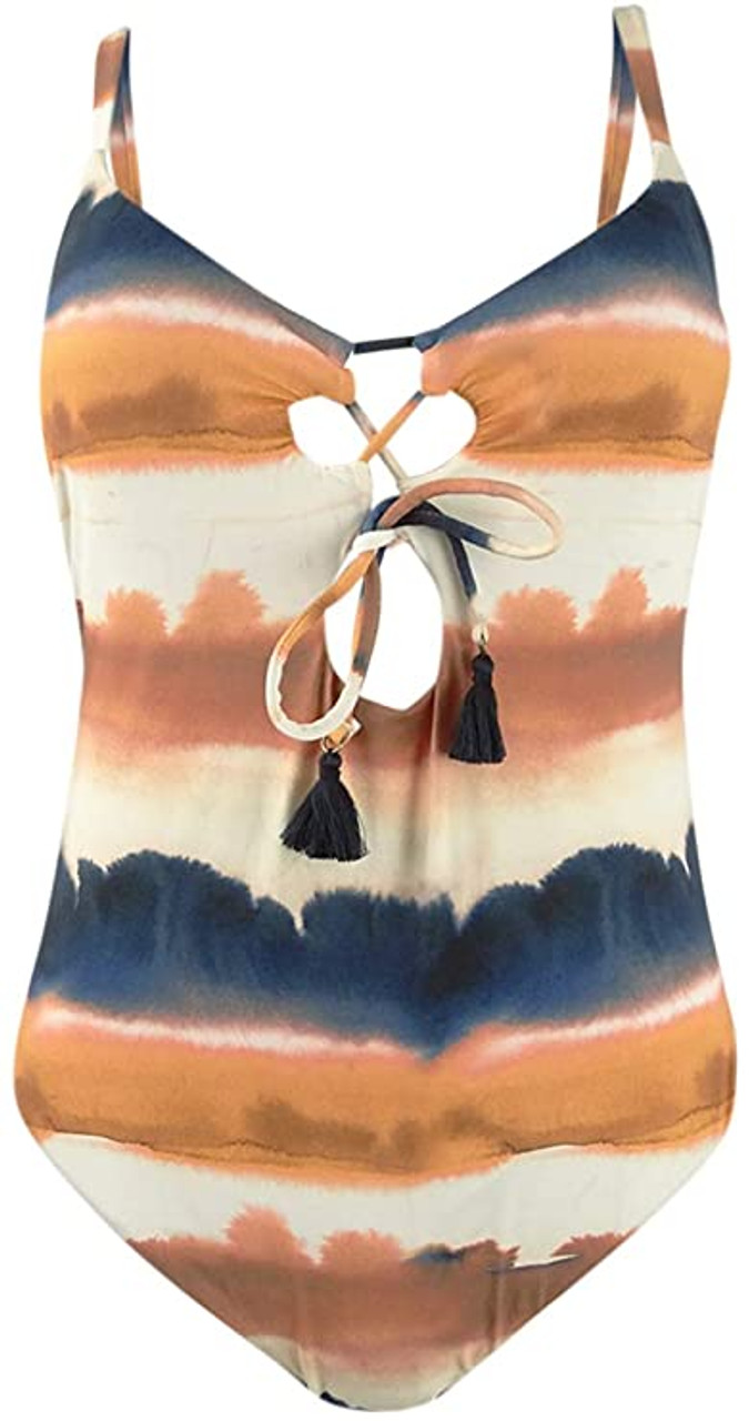 Lucky Brand Women's Tie Front One Piece Swimsuit, Orange//Sonoma Sky, XS -  Discount Scrubs and Fashion