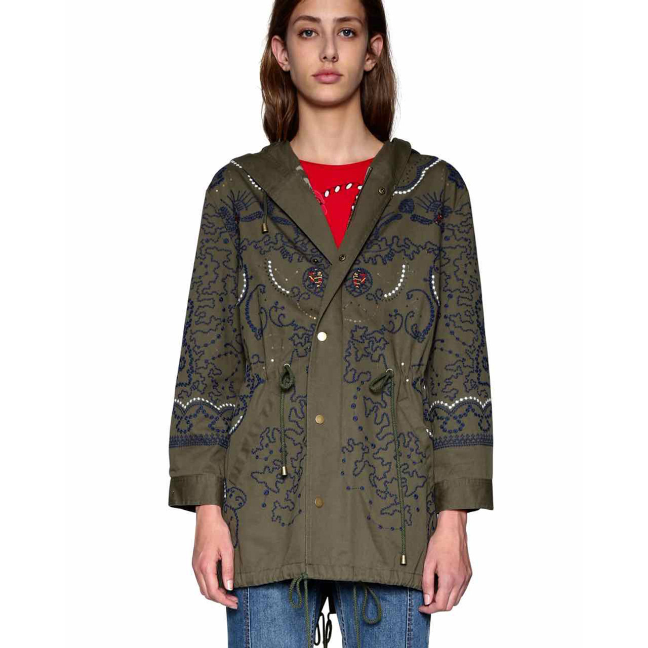 Desigual Women's Mariette Embroidered Parka Jacket Coat Style, Green, 38