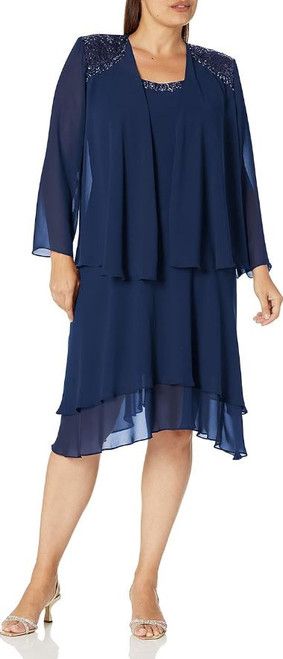 S.L. Fashions Women's Embellished Tiered Mother of The Bride Gown with Jacket, Navy, 18W
