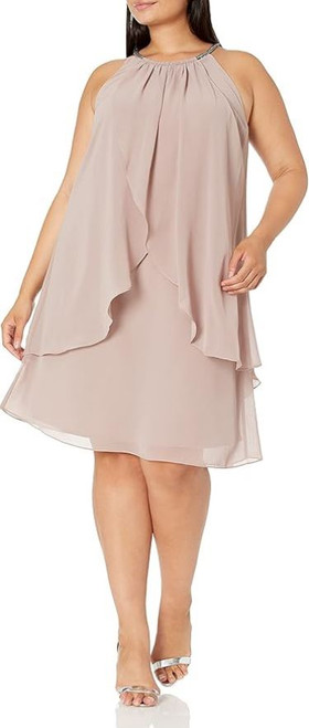 S.L. Fashions Women's Split Front Halter Neck Dress, Cashmere, 14W